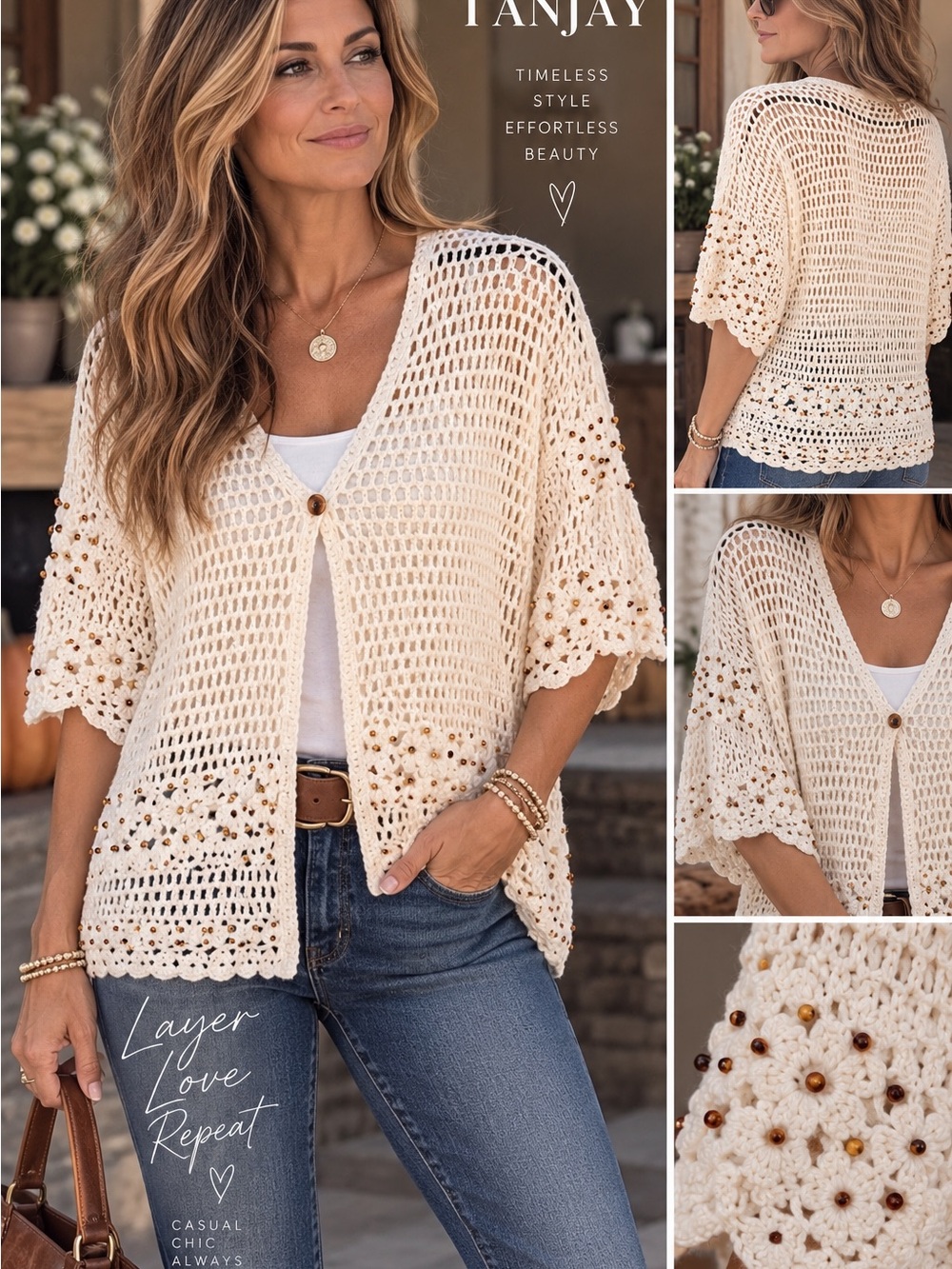 TanJay Cream Crochet Beaded Open Knit Cardigan L